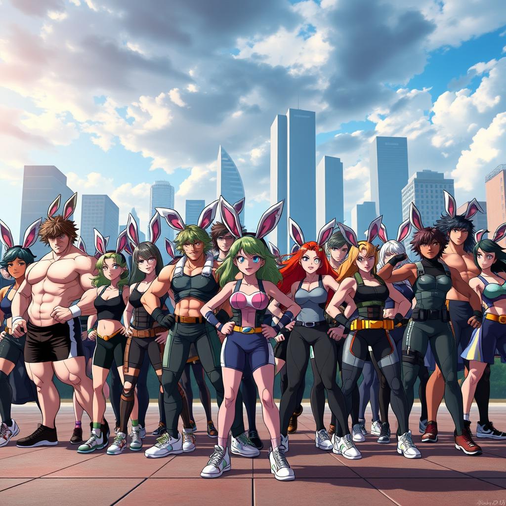 A large group of characters inspired by the anime character Mirko from 'My Hero Academia', known for her powerful physique and rabbit-like features