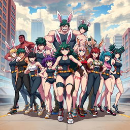 A large group of characters inspired by the anime character Mirko from 'My Hero Academia', known for her powerful physique and rabbit-like features