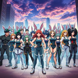 A large group of characters inspired by the anime character Mirko from 'My Hero Academia', known for her powerful physique and rabbit-like features