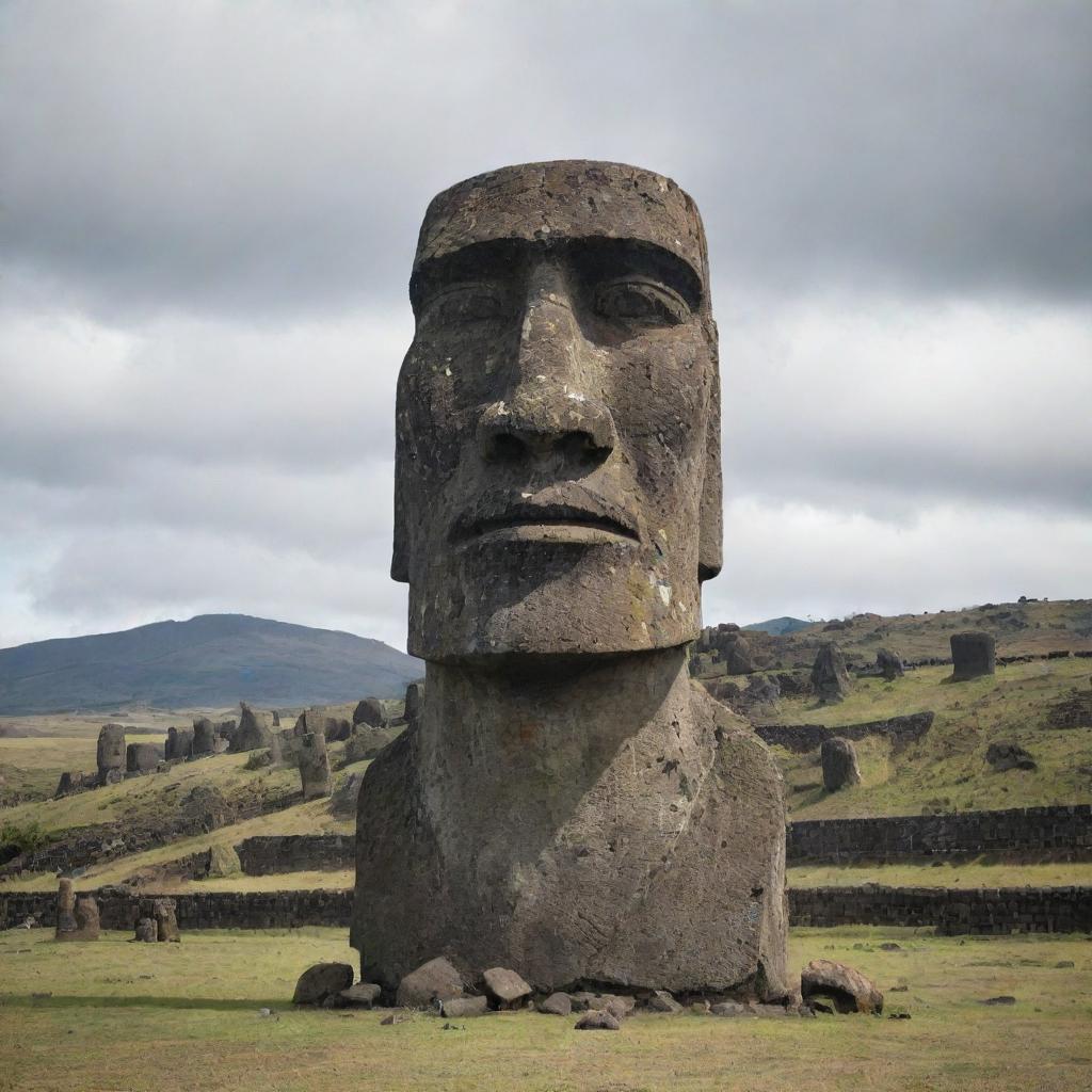 The enraged moai statue, in addition to causing chaos in a city, is now leading an army of 10,000 stone warriors that mirror its anger, ready for battle.