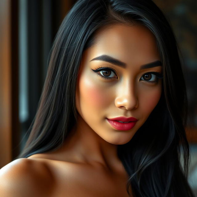 A beautiful Thai woman, Lalida Marasri Anong, with an exotic appearance, featuring large breasts and golden brown skin typical of tropical regions