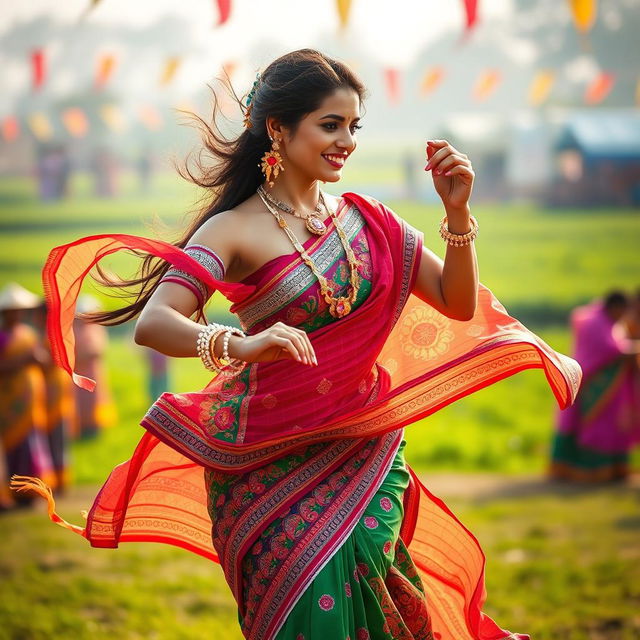 A sensuous representation of a traditional Bihu dance, showcasing a beautiful woman dressed in a vibrant Assamese saree adorned with intricate patterns and bright colors