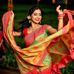 A sensuous representation of a traditional Bihu dance, showcasing a beautiful woman dressed in a vibrant Assamese saree adorned with intricate patterns and bright colors