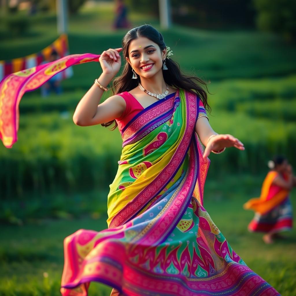 A sensuous representation of a traditional Bihu dance, showcasing a beautiful woman dressed in a vibrant Assamese saree adorned with intricate patterns and bright colors