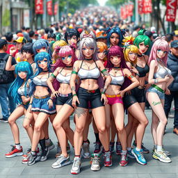 A dynamic and colorful group of futanari characters, each showcasing unique styles and personalities