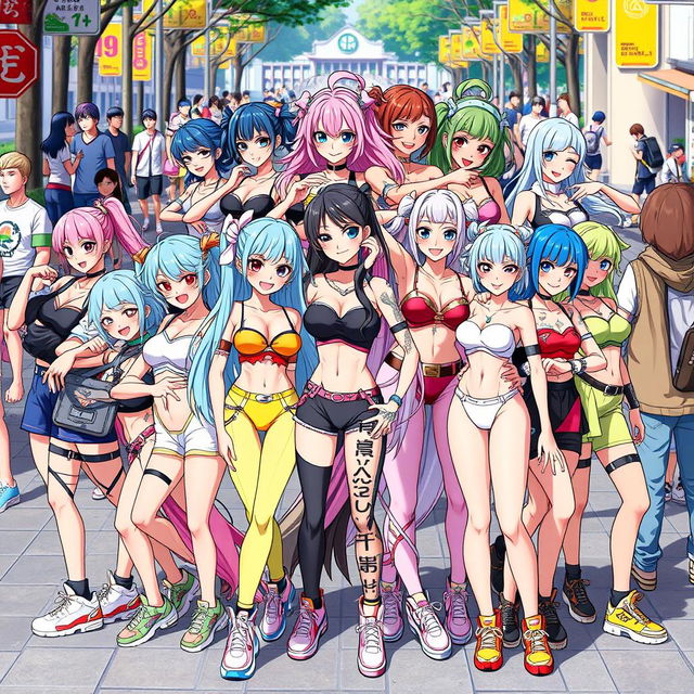 A dynamic and colorful group of futanari characters, each showcasing unique styles and personalities