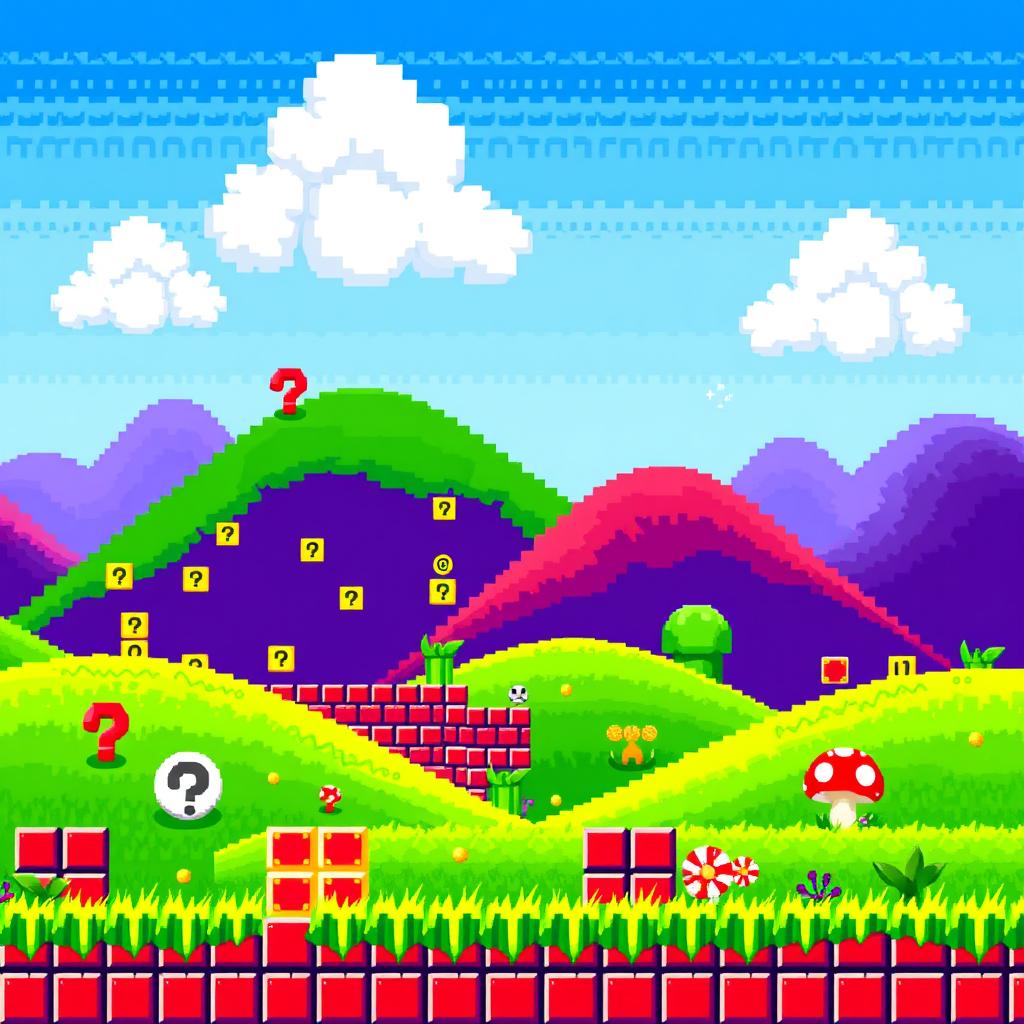 A Mario-styled background in vibrant pixel art, featuring elements inspired by classic platformer games