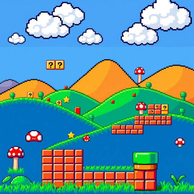 A Mario-styled background in vibrant pixel art, featuring elements inspired by classic platformer games