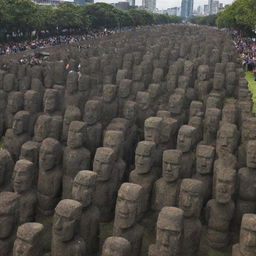 The army of 10,000 stone warriors, led by the furious moai statue, charging forward and causing havoc in the city, with people fleeing in fear.