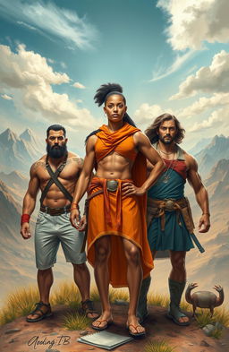 An artistic representation of heroic individuals embodying strength and resilience, showcasing their impressive physical forms and determined expressions