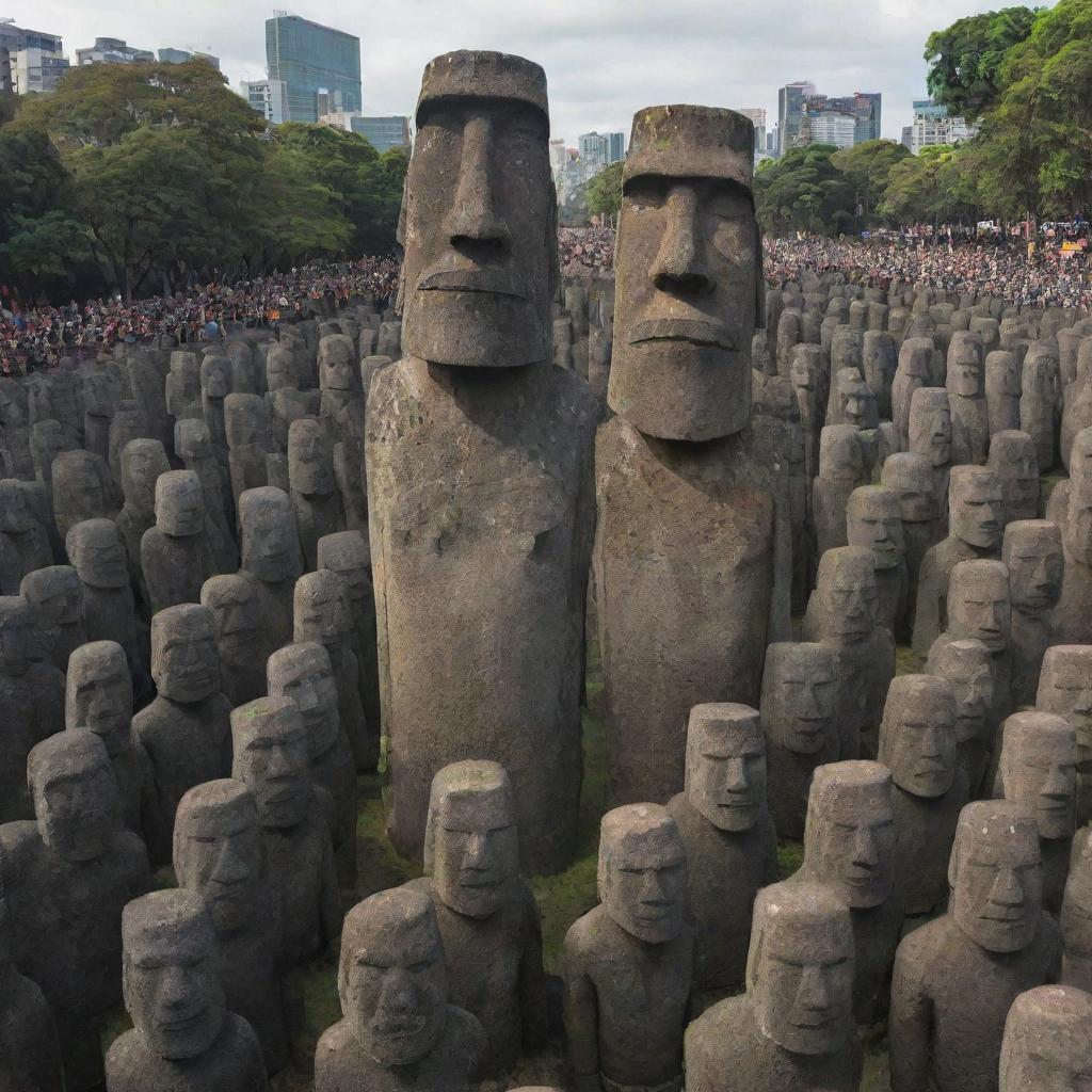 The army of 10,000 stone warriors, led by the furious moai statue, charging forward and causing havoc in the city, with people fleeing in fear.