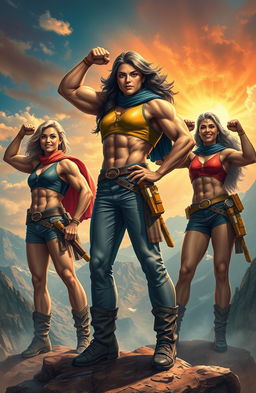An artistic representation of heroic individuals embodying strength and resilience, showcasing their impressive physical forms and determined expressions