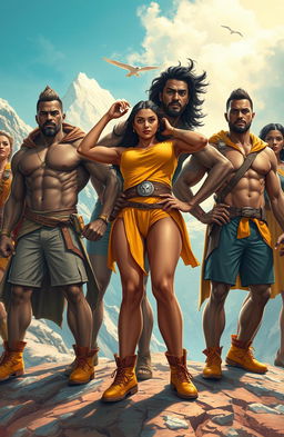 An artistic representation of heroic individuals embodying strength and resilience, showcasing their impressive physical forms and determined expressions