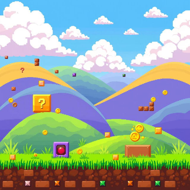 A vibrant pixelized background for a platform game, featuring a whimsical landscape with rolling hills, colorful blocks, and various game elements