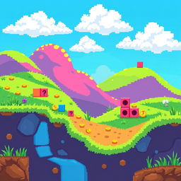 A vibrant pixelized background for a platform game, featuring a whimsical landscape with rolling hills, colorful blocks, and various game elements