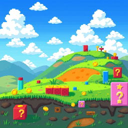 A vibrant pixelized background for a platform game, featuring a whimsical landscape with rolling hills, colorful blocks, and various game elements