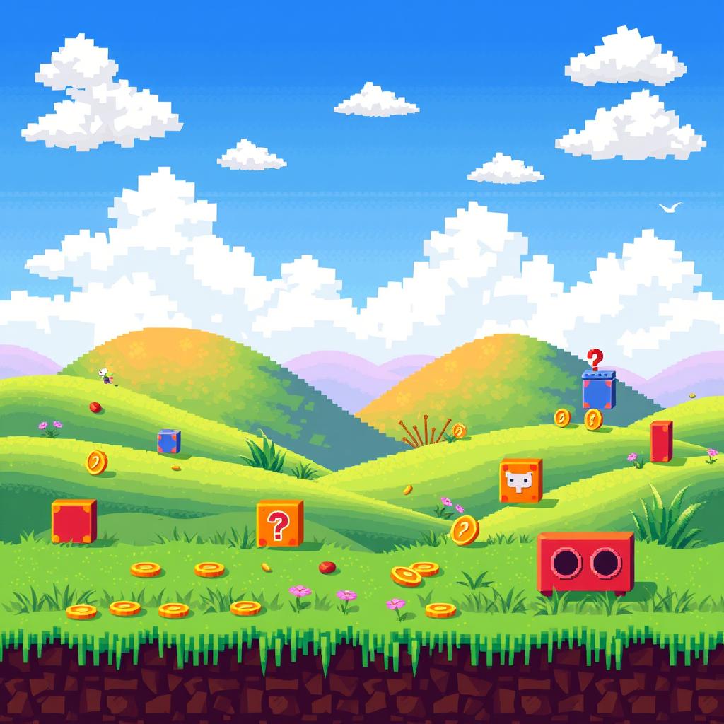 A vibrant pixelized background for a platform game, featuring a whimsical landscape with rolling hills, colorful blocks, and various game elements