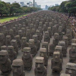 The army of 10,000 stone warriors, led by the furious moai statue, charging forward and causing havoc in the city, with people fleeing in fear.