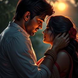 A passionate and intimate scene depicting a romantic encounter between a Hindu couple in a serene setting, illustrating deep emotions and connection