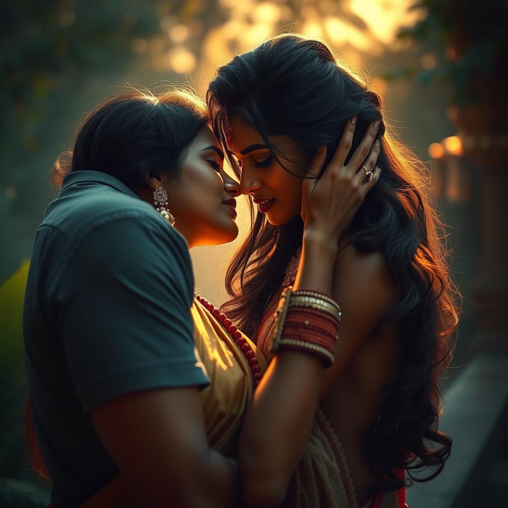 A passionate and intimate scene depicting a romantic encounter between a Hindu couple in a serene setting, illustrating deep emotions and connection