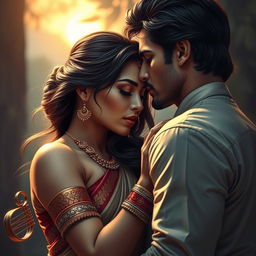 A passionate and intimate scene depicting a romantic encounter between a Hindu couple in a serene setting, illustrating deep emotions and connection