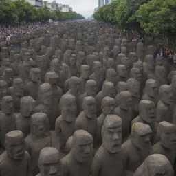 The army of 10,000 stone warriors, led by the furious moai statue, charging forward and causing havoc in the city, with people fleeing in fear.