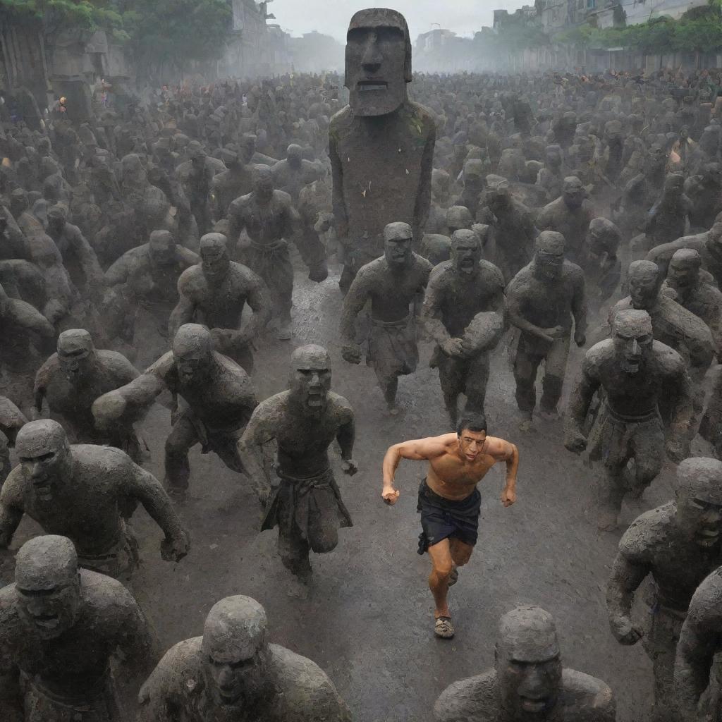 A chaotic scene in the city, with people running in every direction in panic and fear. In the midst of the pandemonium, the stone warriors led by the angry moai statue continue their onslaught.