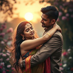 A dramatic scene depicting a romantic embrace between a young Hindu woman and a gentleman, capturing the essence of love and affection