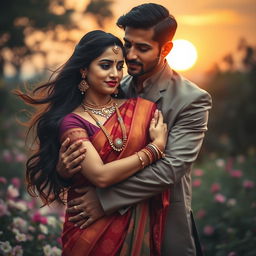 A dramatic scene depicting a romantic embrace between a young Hindu woman and a gentleman, capturing the essence of love and affection