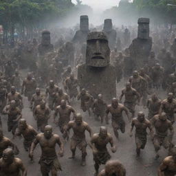 A chaotic scene in the city, with people running in every direction in panic and fear. In the midst of the pandemonium, the stone warriors led by the angry moai statue continue their onslaught.