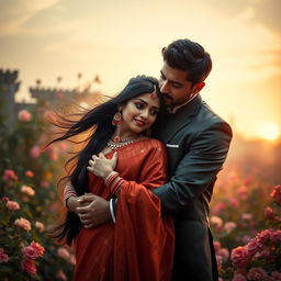 A dramatic scene depicting a romantic embrace between a young Hindu woman and a gentleman, capturing the essence of love and affection