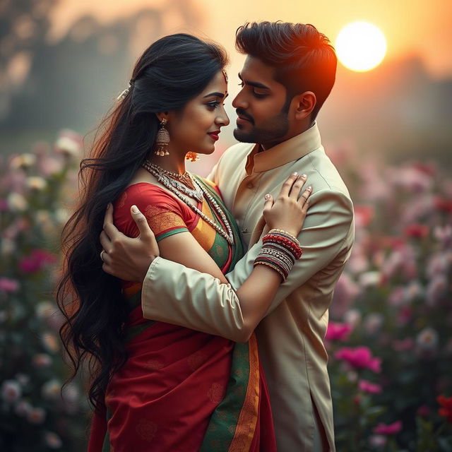 A dramatic scene depicting a romantic embrace between a young Hindu woman and a gentleman, capturing the essence of love and affection