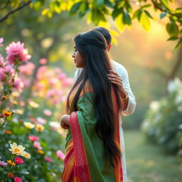 A serene and peaceful scene depicting a Hindu girl with long black hair, wearing a colorful traditional saree, standing in a beautiful garden filled with blooming flowers