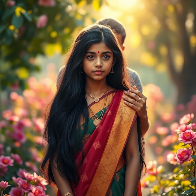 A serene and peaceful scene depicting a Hindu girl with long black hair, wearing a colorful traditional saree, standing in a beautiful garden filled with blooming flowers