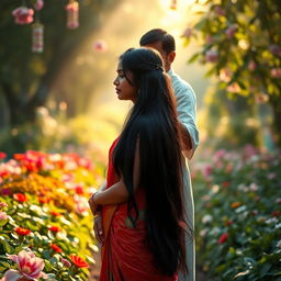 A serene and peaceful scene depicting a Hindu girl with long black hair, wearing a colorful traditional saree, standing in a beautiful garden filled with blooming flowers