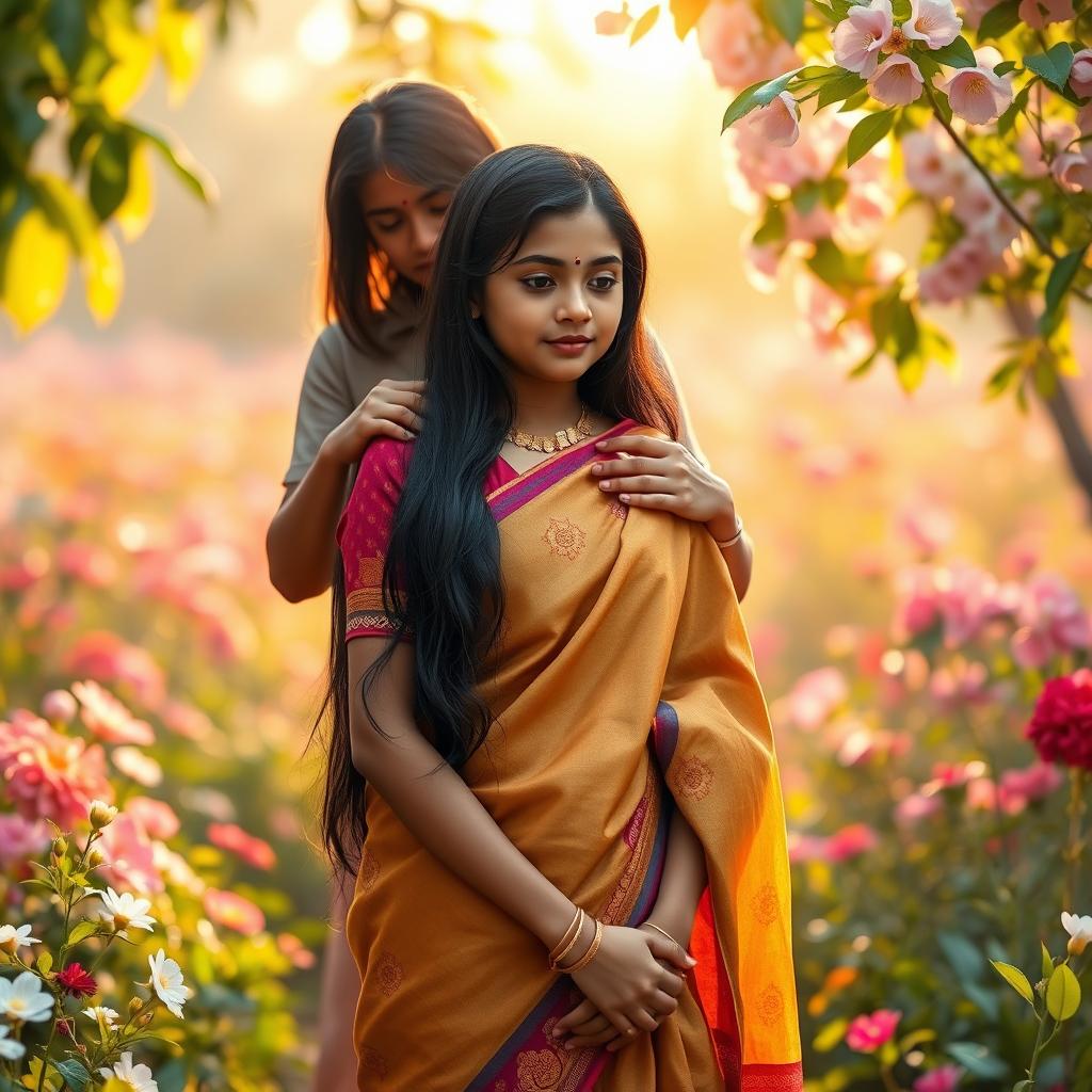 A serene and peaceful scene depicting a Hindu girl with long black hair, wearing a colorful traditional saree, standing in a beautiful garden filled with blooming flowers