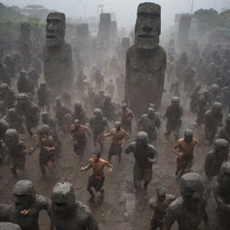 A chaotic scene in the city, with people running in every direction in panic and fear. In the midst of the pandemonium, the stone warriors led by the angry moai statue continue their onslaught.