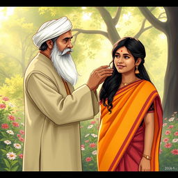 A respectful scene illustrating a Maulana, dressed in traditional Islamic attire, in a peaceful garden setting