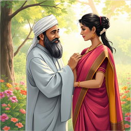 A respectful scene illustrating a Maulana, dressed in traditional Islamic attire, in a peaceful garden setting