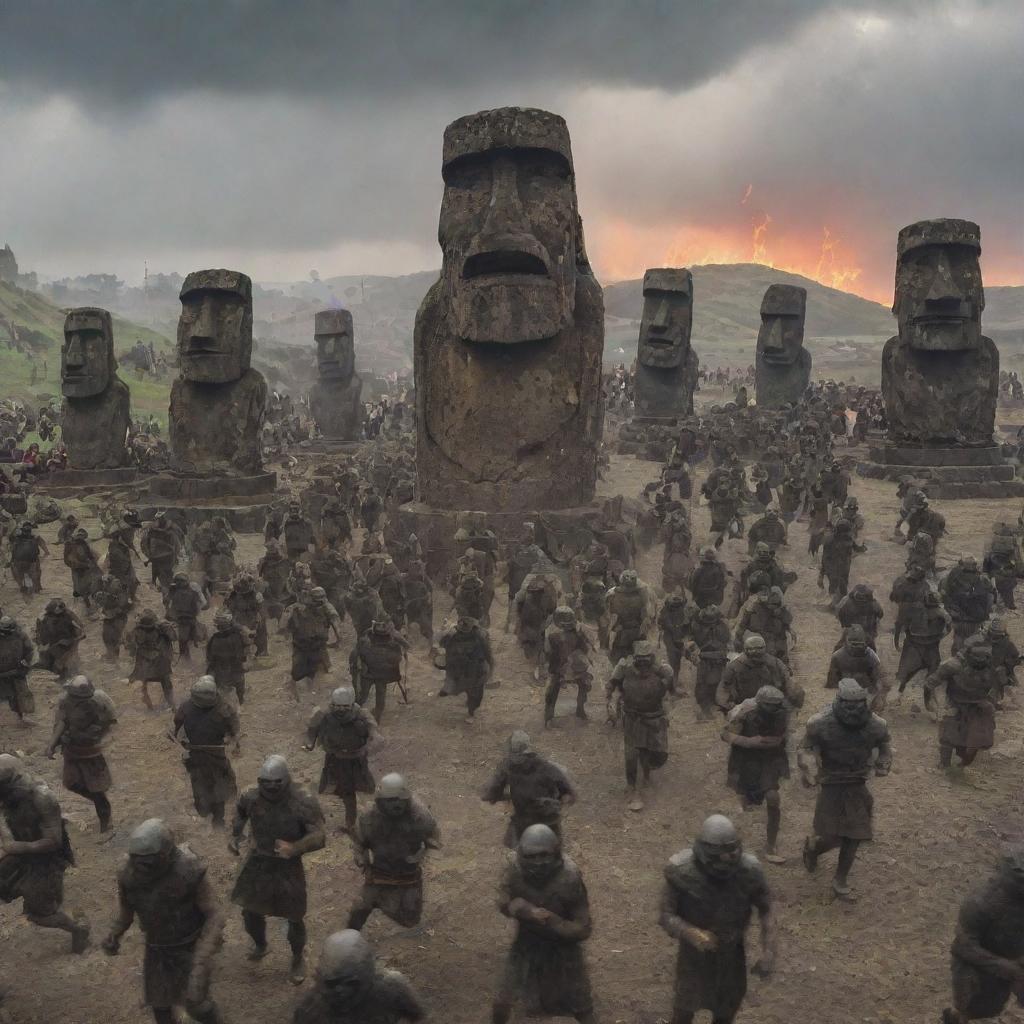 A chaotic scene in the city, with people running in every direction in panic and fear. In the midst of the pandemonium, the stone warriors led by the angry moai statue continue their onslaught.