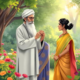 A respectful scene illustrating a Maulana, dressed in traditional Islamic attire, in a peaceful garden setting