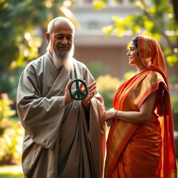 A serene and respectful scene depicting a spiritual leader holding a symbol of peace, with soft light illuminating the surroundings