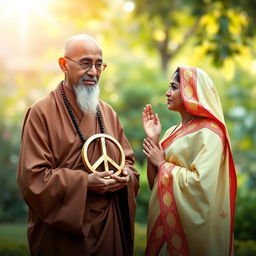 A serene and respectful scene depicting a spiritual leader holding a symbol of peace, with soft light illuminating the surroundings
