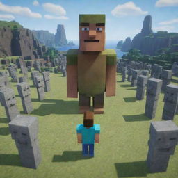 In the midst of the chaos, Steve from Minecraft suddenly arrives. He is rendered in his classic pixelated style, standing defiantly against the army of angry stone warriors and the furious moai statue.