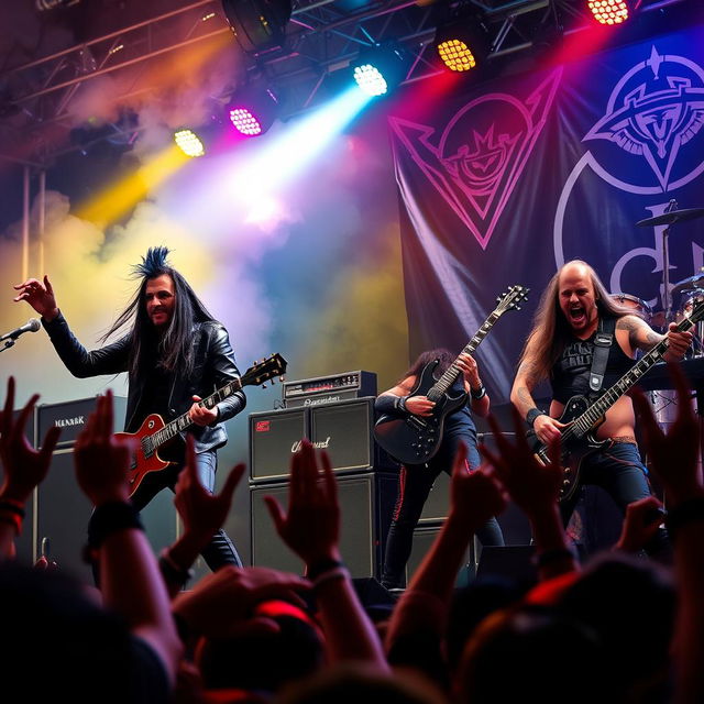 A dynamic and energetic photo of a metal band performing live on stage