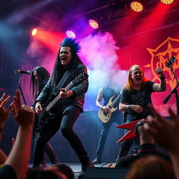 A dynamic and energetic photo of a metal band performing live on stage