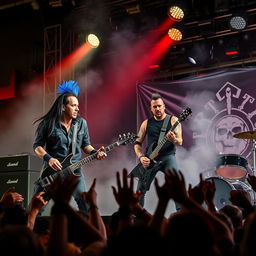 A dynamic and energetic photo of a metal band performing live on stage