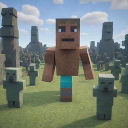 In the midst of the chaos, Steve from Minecraft suddenly arrives. He is rendered in his classic pixelated style, standing defiantly against the army of angry stone warriors and the furious moai statue.