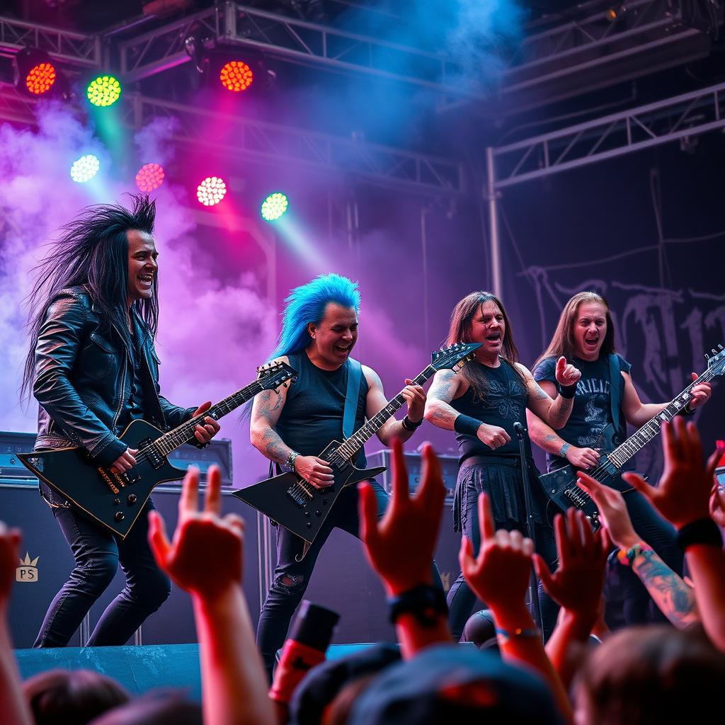 A dynamic and energetic photo of a metal band performing live on stage