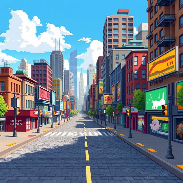 A pixelized two-dimensional background for a game, featuring a dynamic cityscape filled with various pixel art buildings of different heights and designs